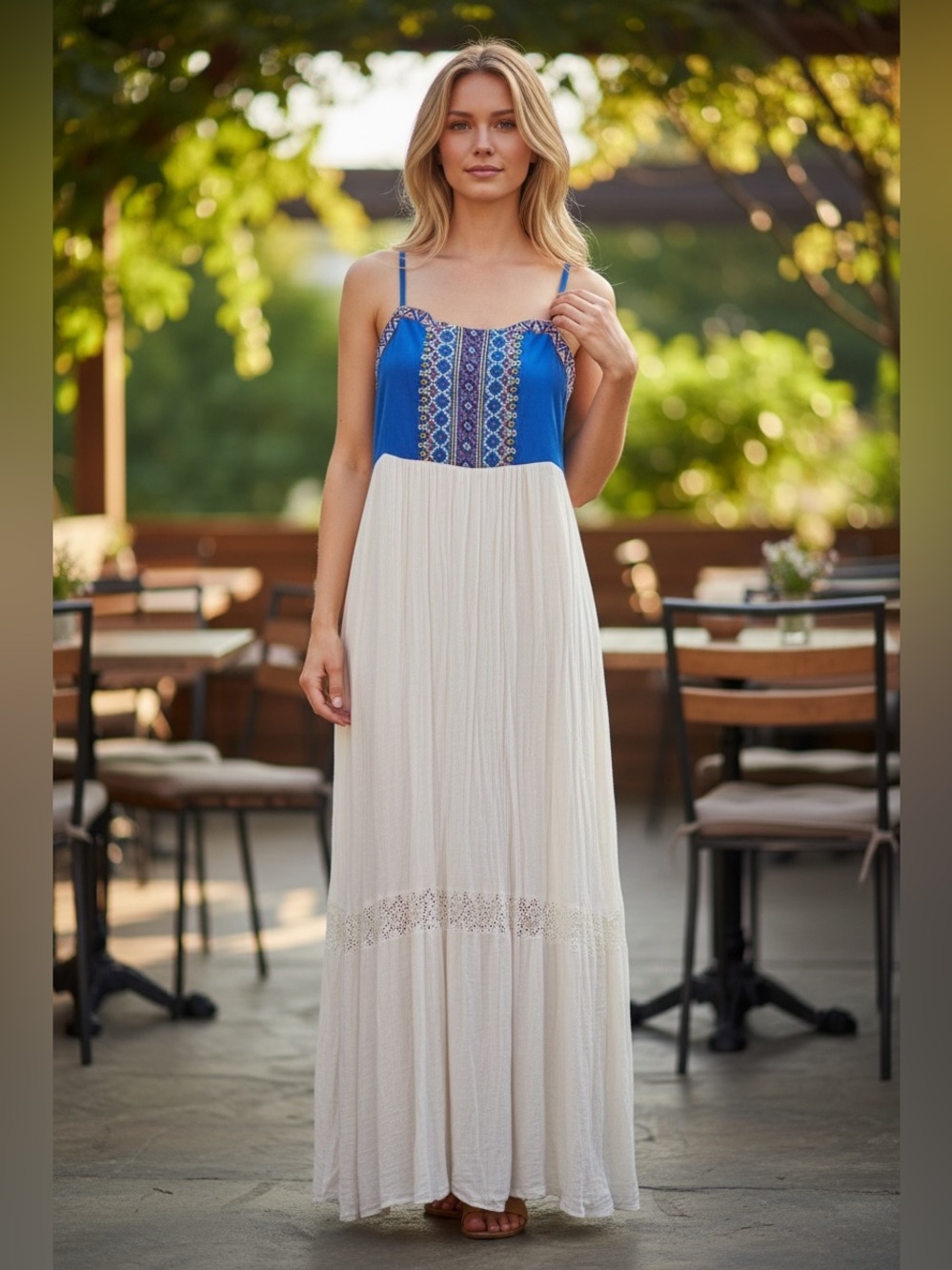 Embroidered Blue & Cream Maxi Dress with Spaghetti Straps